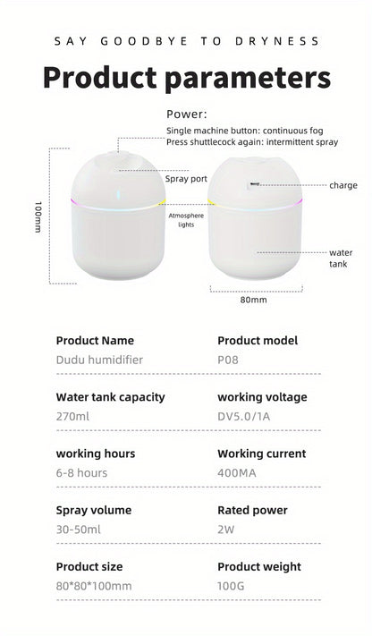 270ML Cool Mist Aroma Humidifier with LED Night Light